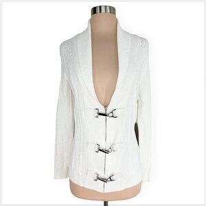 Kenar White Cableknit Zip Front Silver Metal Clasp Cardigan Sweater NWT NEW S
